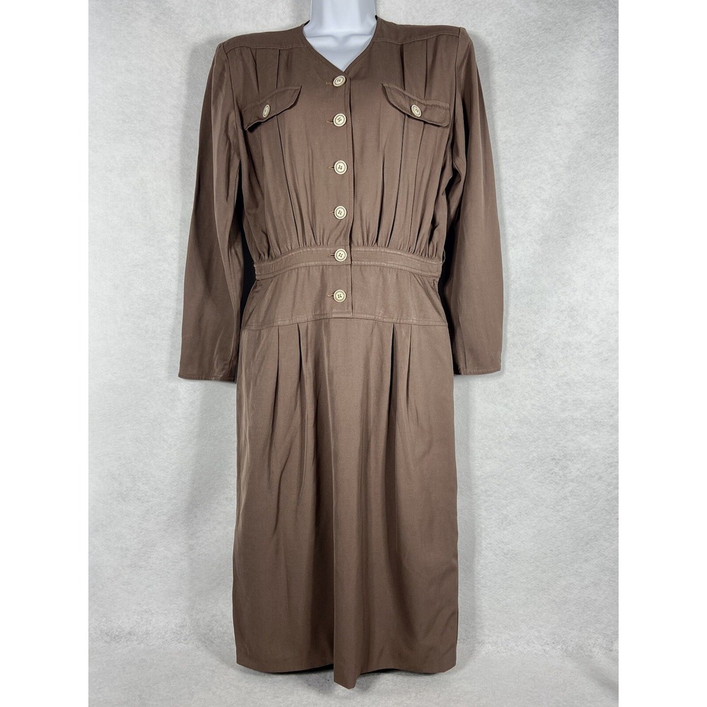 Vintage Valentino Miss V Dress Womens 44/10 Brown Long Sleeve Button Front Wool